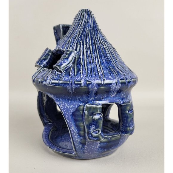 Cobalt Blue Glazed Art Pottery Fairy Cottage Tealight Candle Holder Artist Marke - Picture 2 of 14